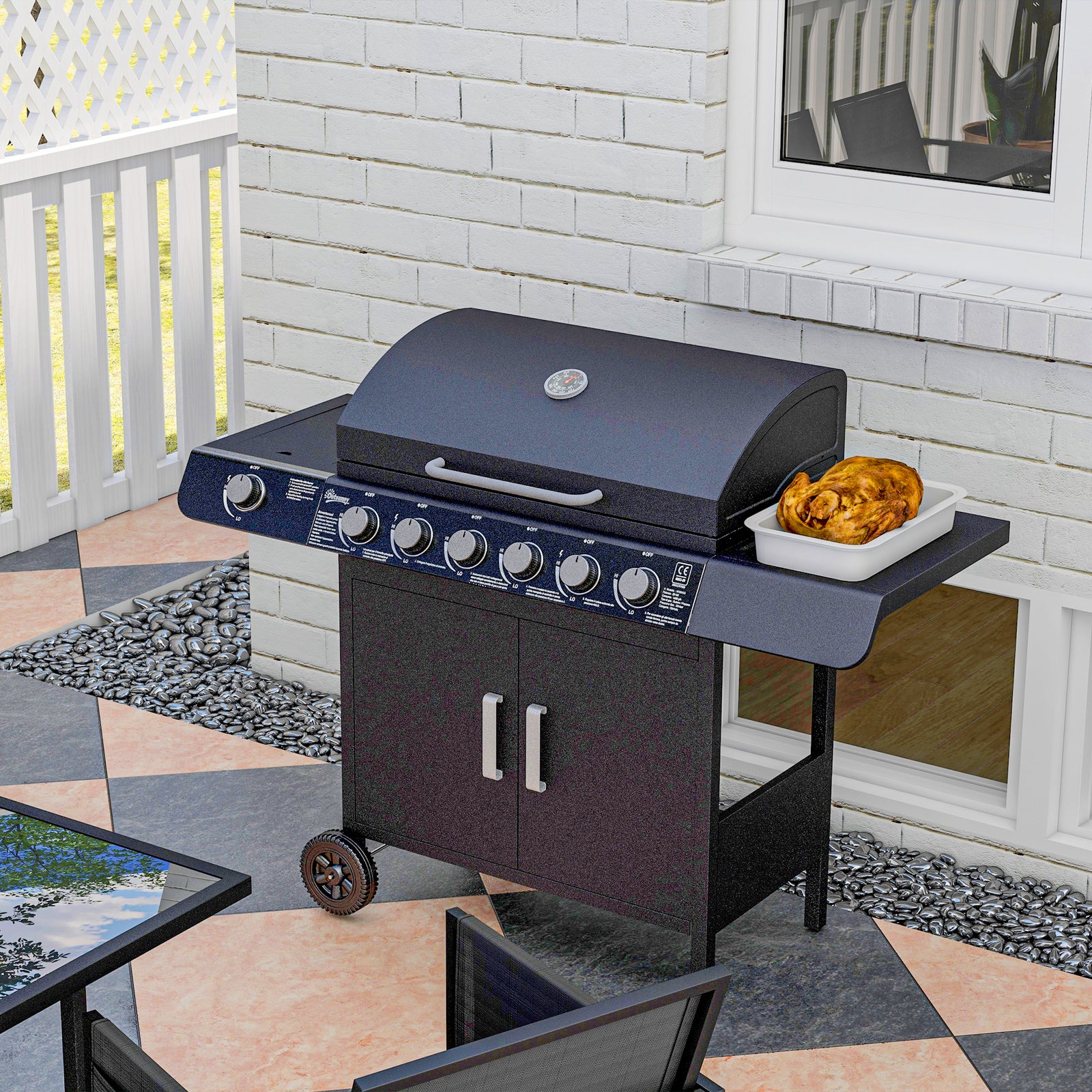 6+1 Gas Bbq Grill, Trolley, Wheels | Black