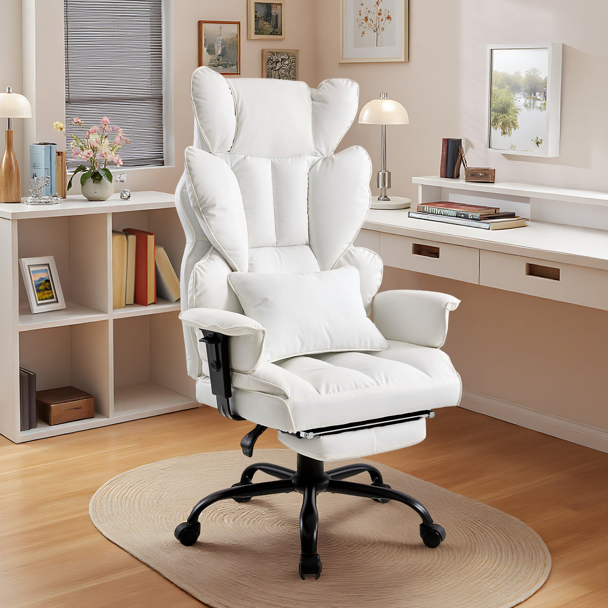 Height-adjustable Reclining Swivel Office Chair With Footrest | White