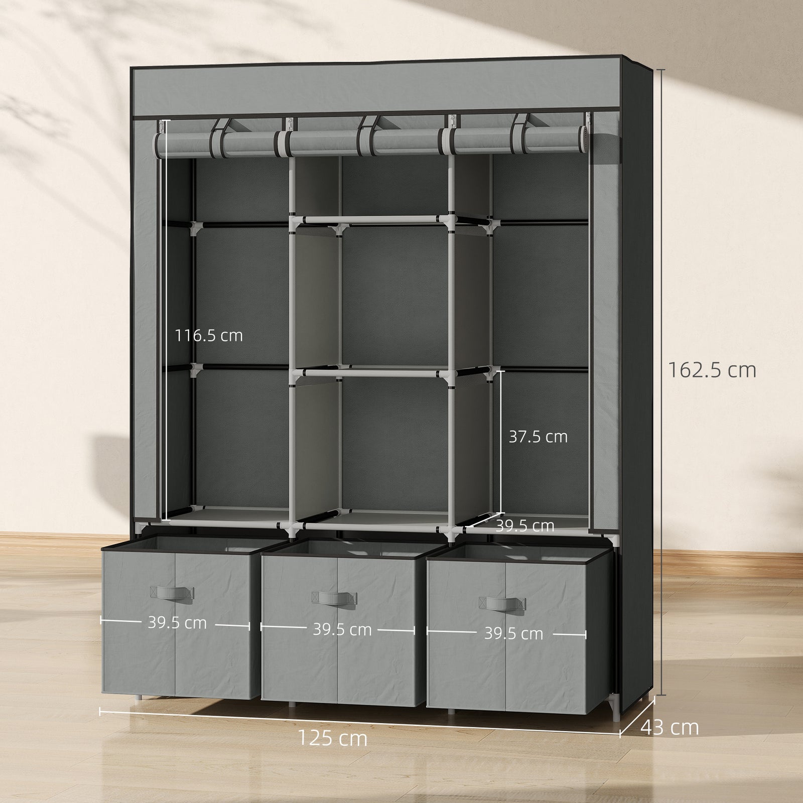 Portable Wardrobe W/ 5 Shelves 3 Fabric Drawers And 2 Hanging Rails