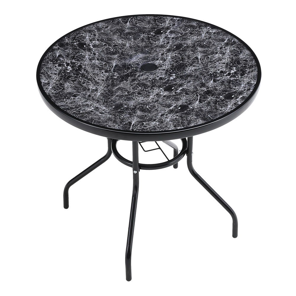 Round Garden Tempered Glass Black Marble Coffee Table - 80cm Dia X 72cm