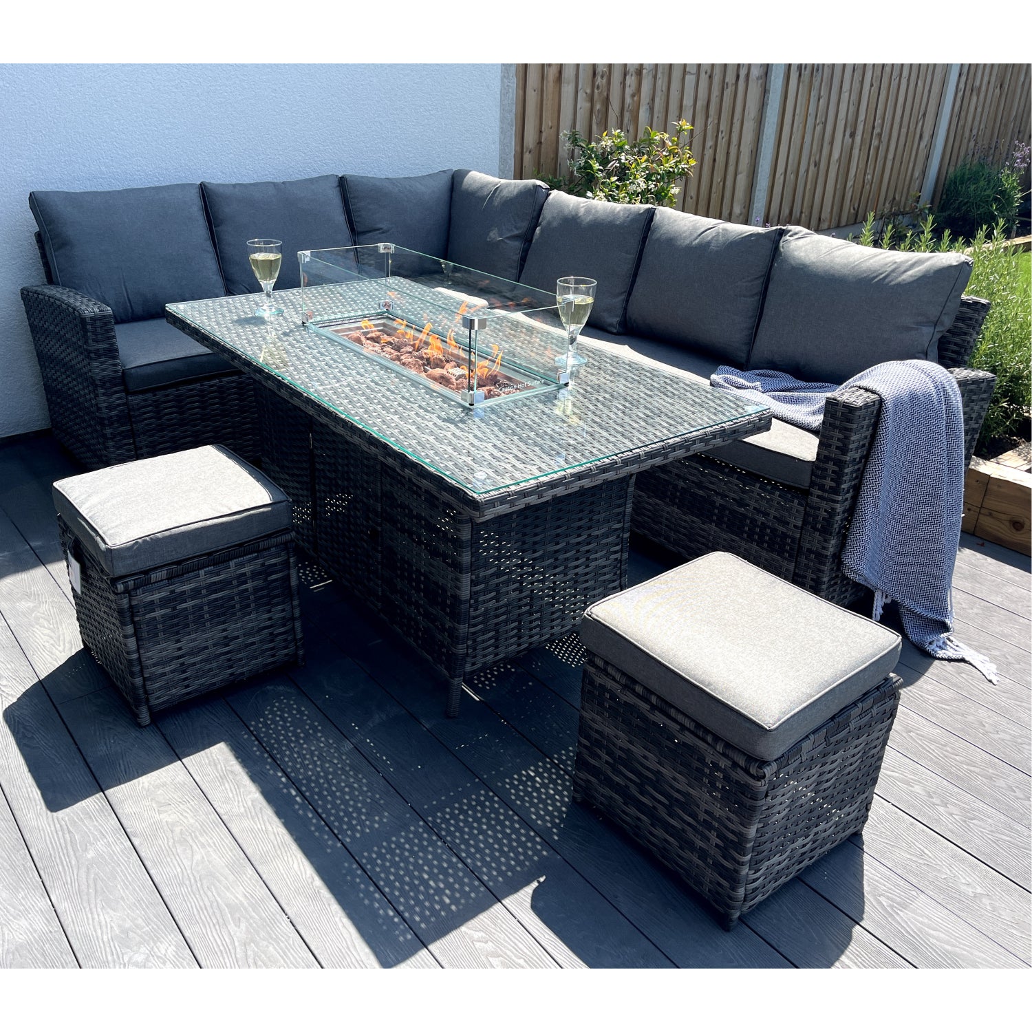The Croft 8 Seat Corner Gas Firepit Rattan Dining Set | Dark Grey