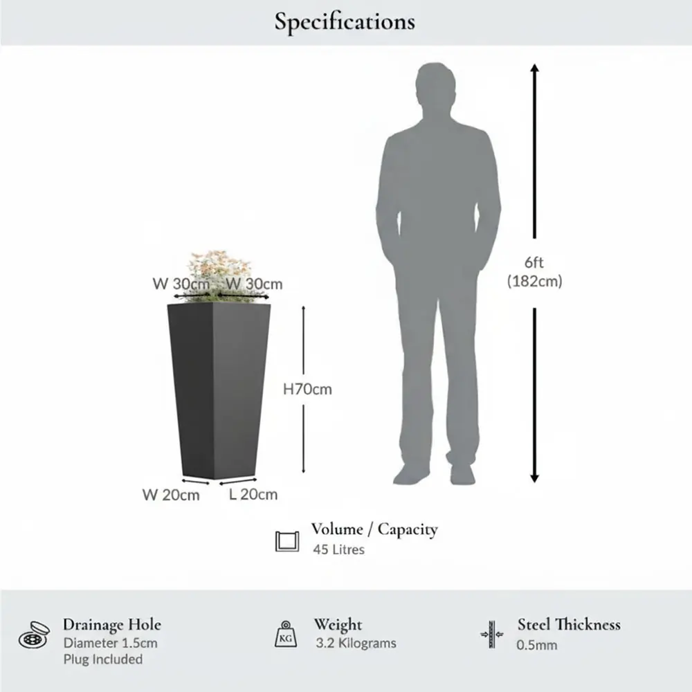 Zinc Galvanised Tall Flared Tapered Square Planter | 30cm x 30cm x 70cm