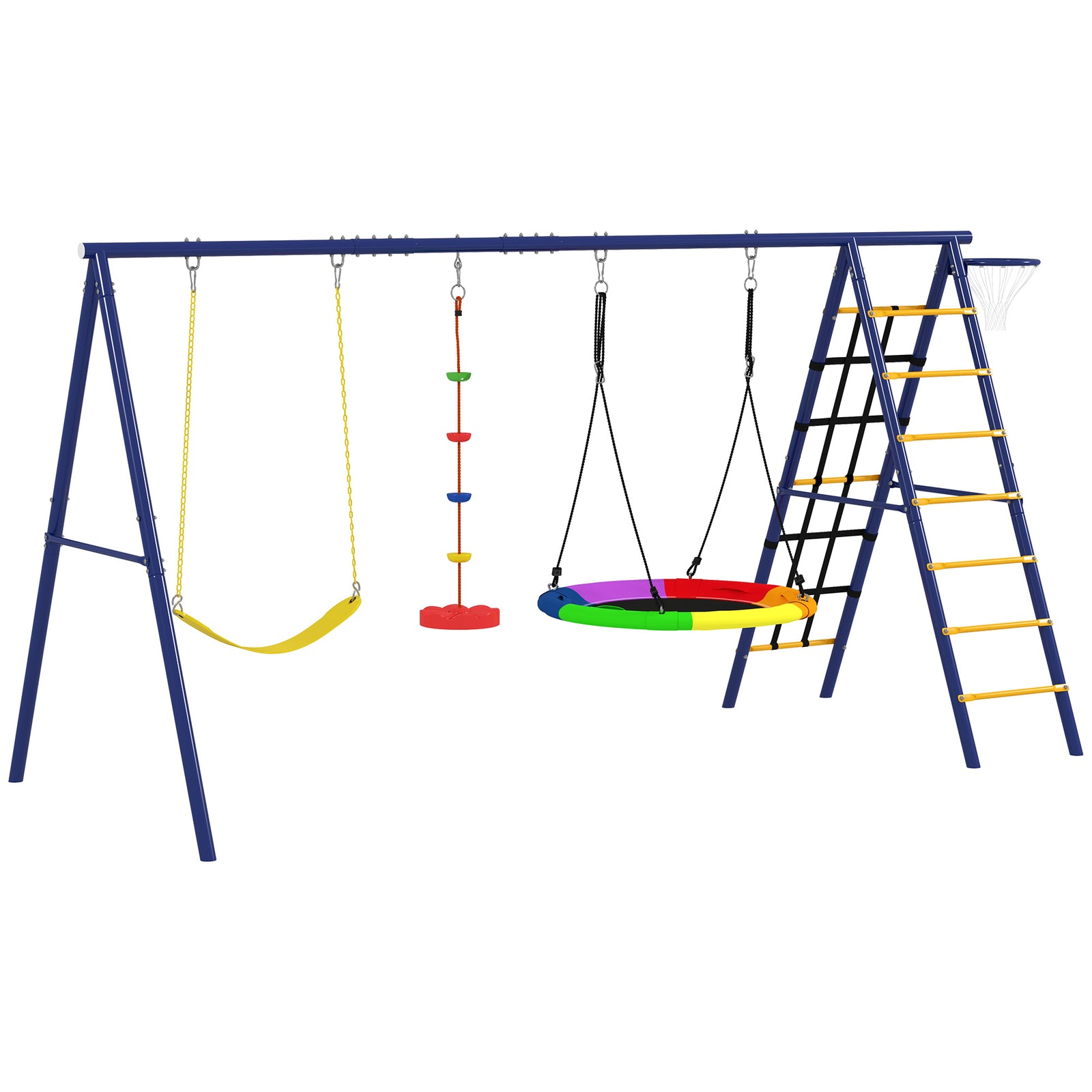 6 In 1 Kids Swing Set With 3 Swings, Basketball Hoop, Climbing Ladder & Net