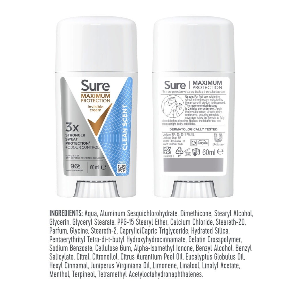 Women Maximum Protection Anti-perspirant Cream, Clean Scent, 60ml | Set-of-6
