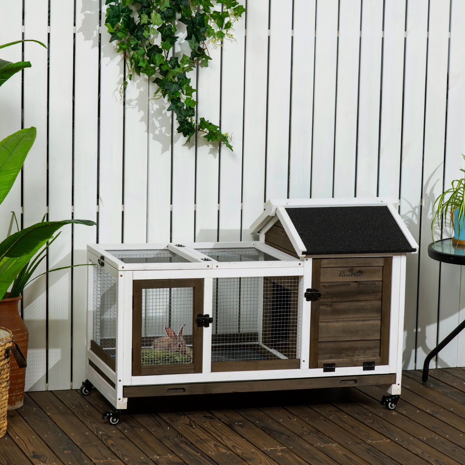 Wooden Rabbit Hutch, Small Animal  House W/ Wheels, Removable Tray | Brown