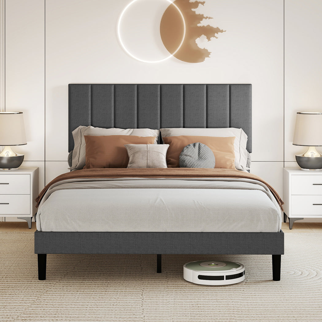 Upholstered Linen Bed Frame With Foam Headboard | Double | Dark Grey