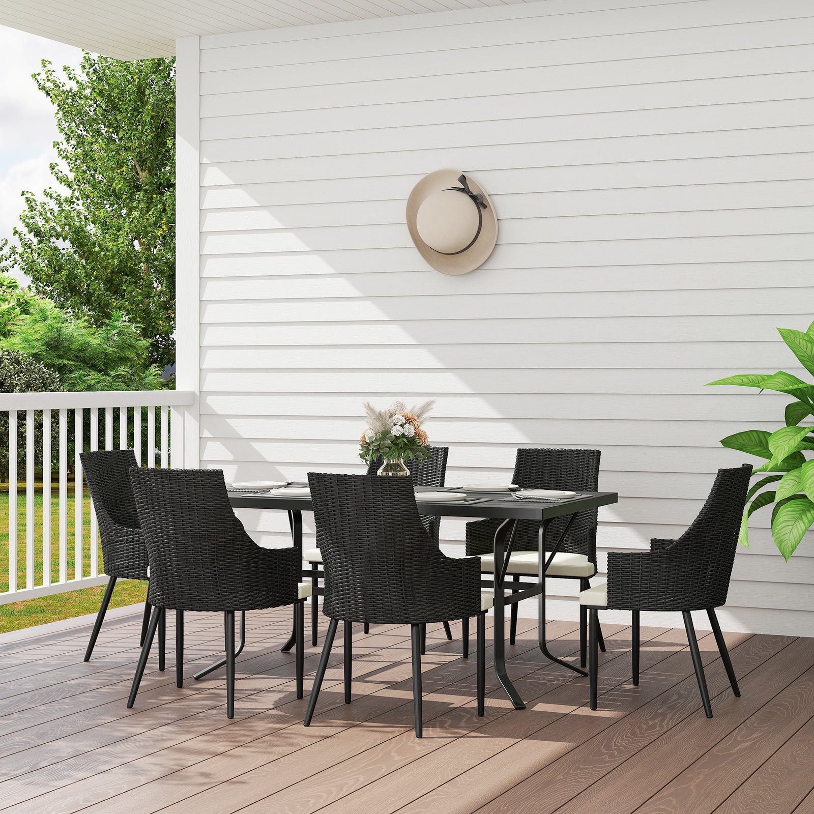 6 Seater Rattan Dining Set, Rectangle Slatted Table | Cream