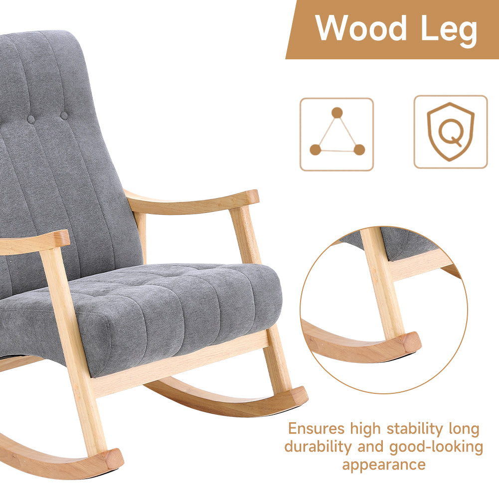 Minimalist Solid Wood Rocking Chair With Tufted Backrest – Ergonomic Design For Comfort And Relaxation | Grey