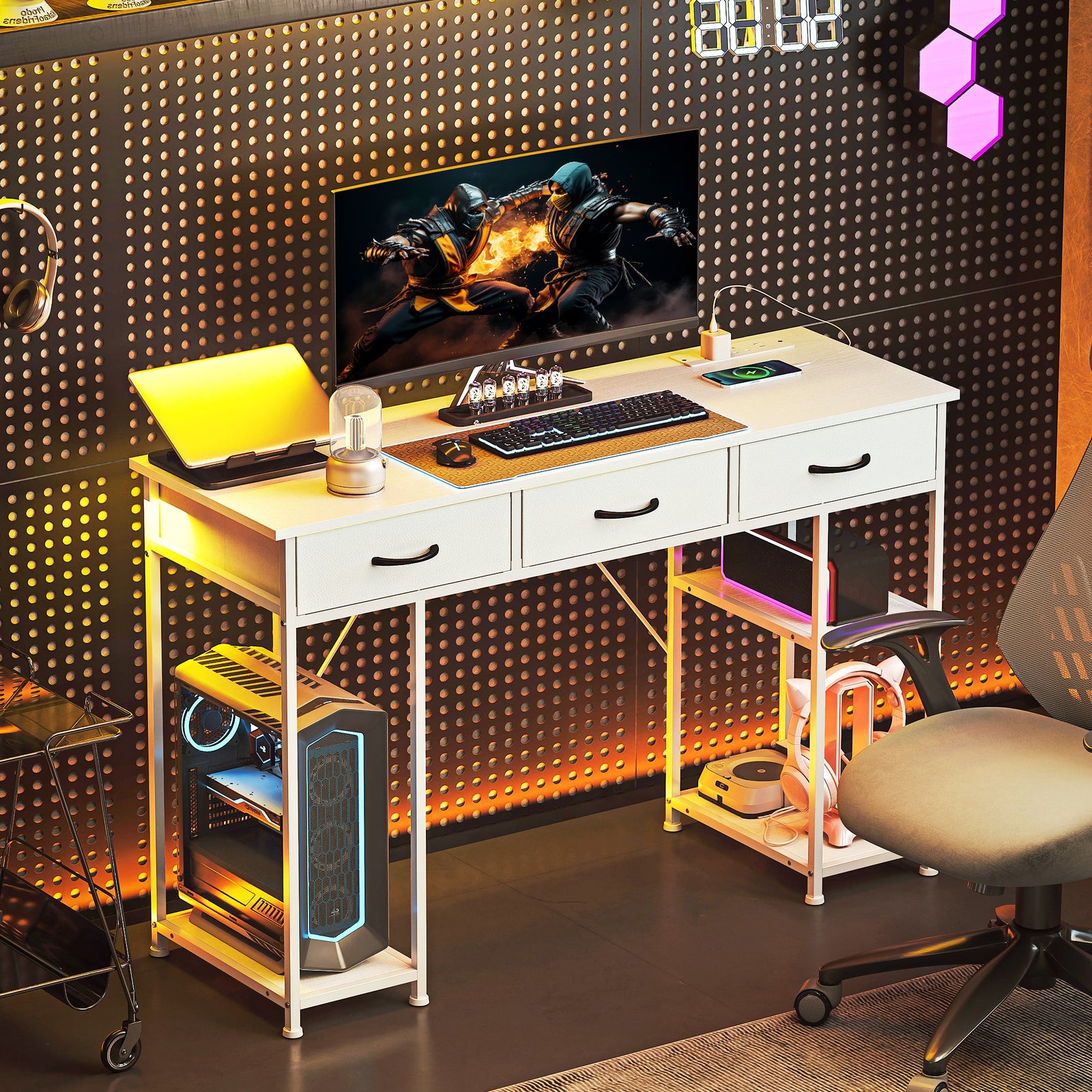 Computer Writing Desk With Power Outlets, Drawers, Shelves | White