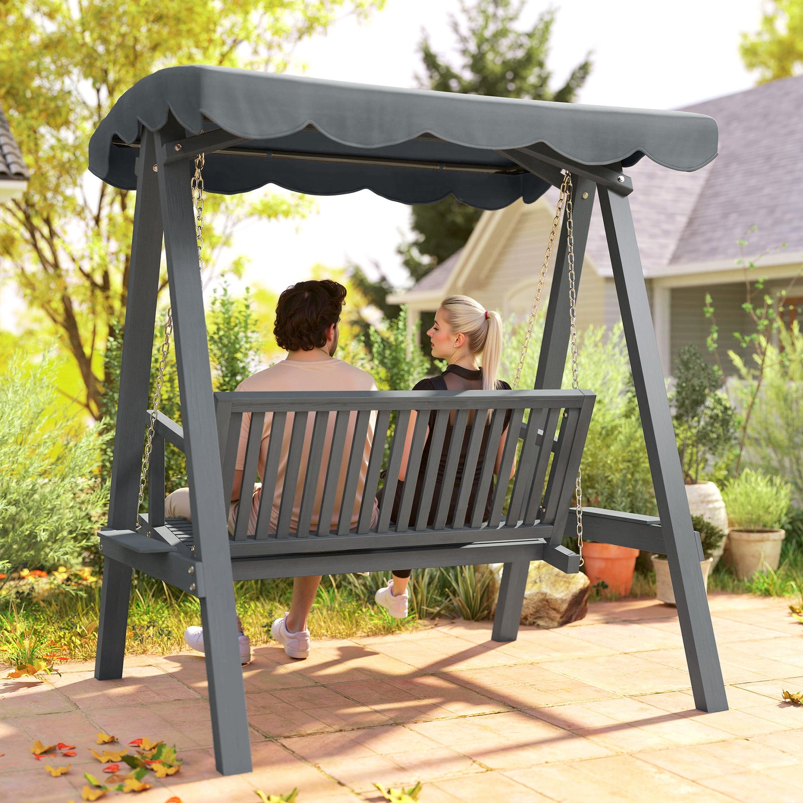 Outsunny 2 Seater Garden Swing Seat With Canopy, Outdoor Hammock Bench, Grey