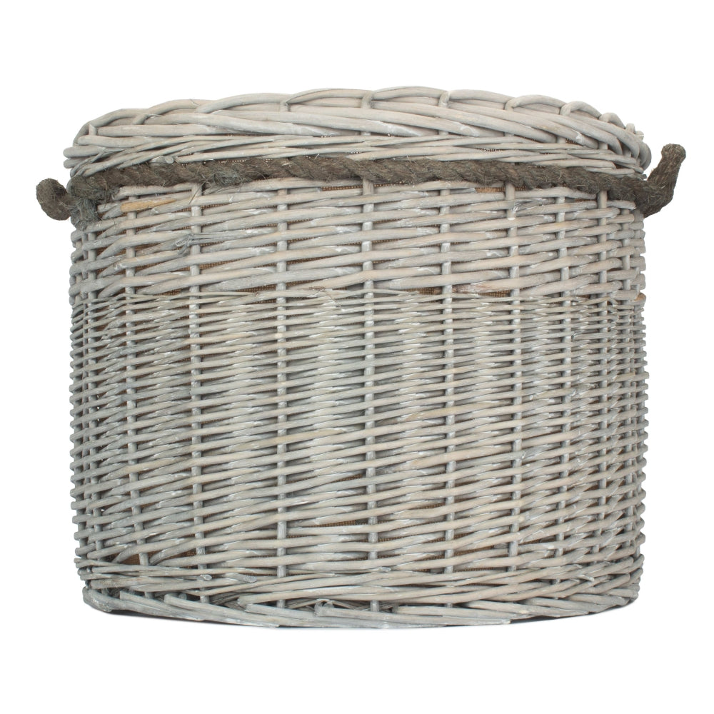 Small Wicker Grey Wash Round Hessian Lined Log Basket | Small | Gray