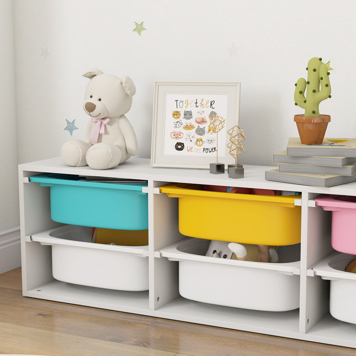 AIYAPLAY 2 Tiers Toy Storage Organiser With 6 Plastic Bins, Low Height