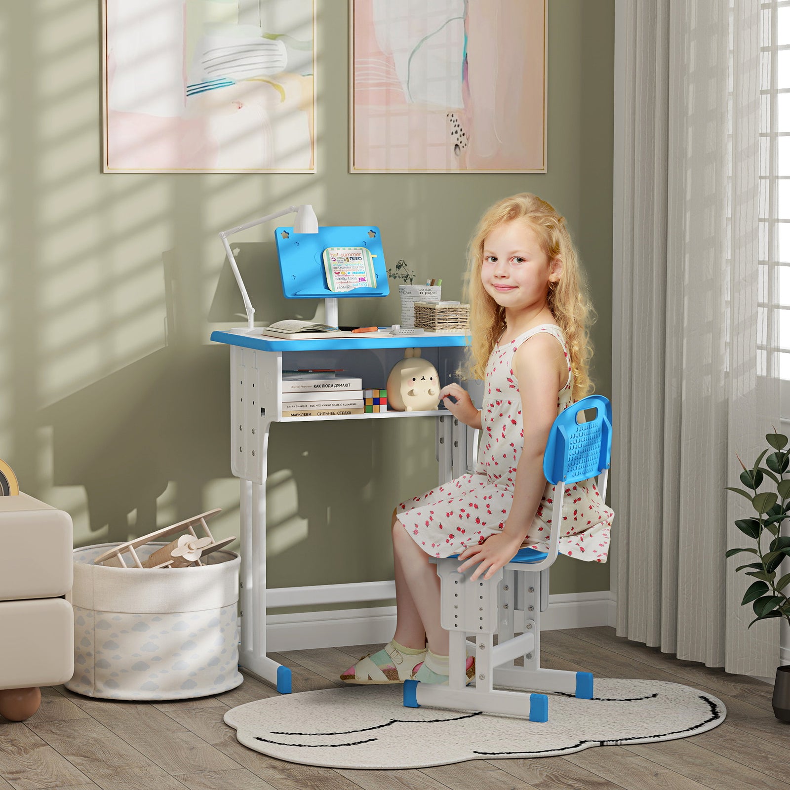 Kids Desk And Chair Set W/ Drawer, Book Stand, Pen Slot | Blue