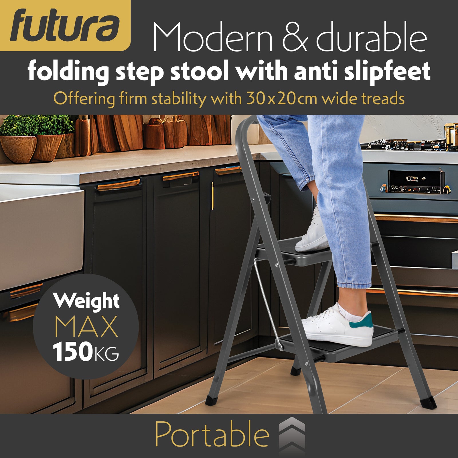 2 Step Ladder, Heavy-duty Steel Folding Home Diy Step Stool With Wide Non-slip Steps & Anti Slip Feet 150kg Capacity | 2 Step | Grey