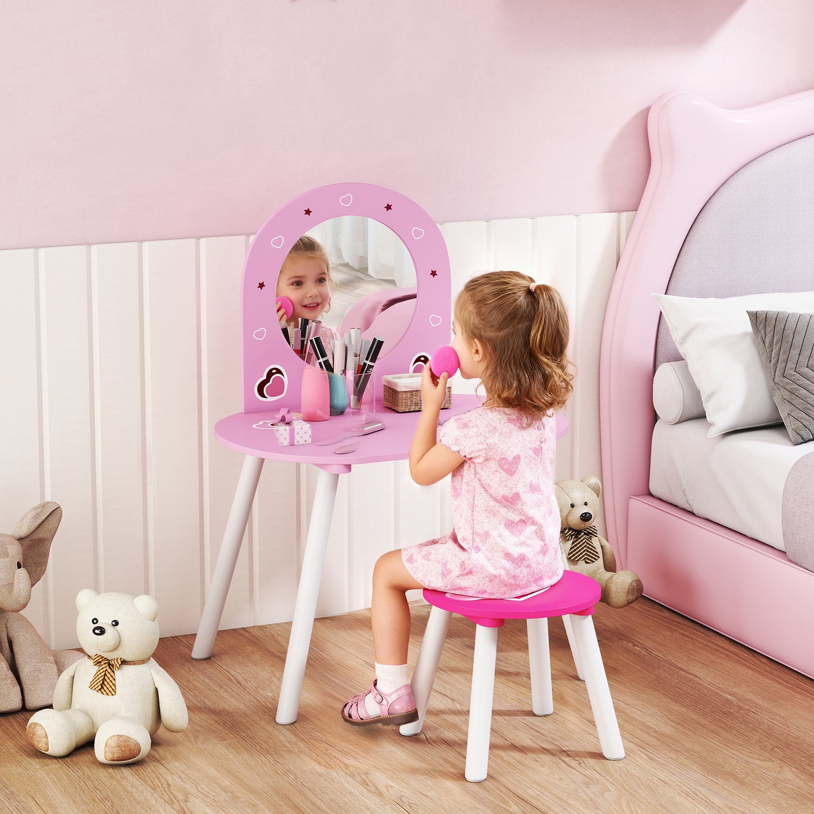 Kids Dressing Table With Mirror And Stool, Girls Vanity Set, Pink