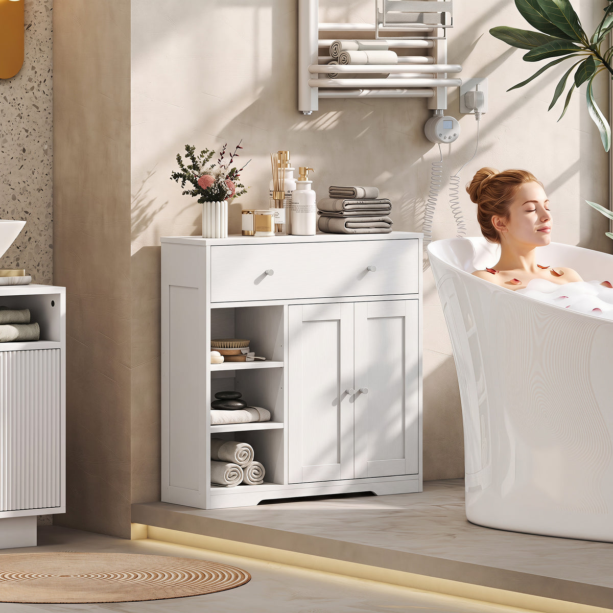 HOMCOM Bathroom Floor Cabinet, Bathroom Cabinet With Drawer And Door, White