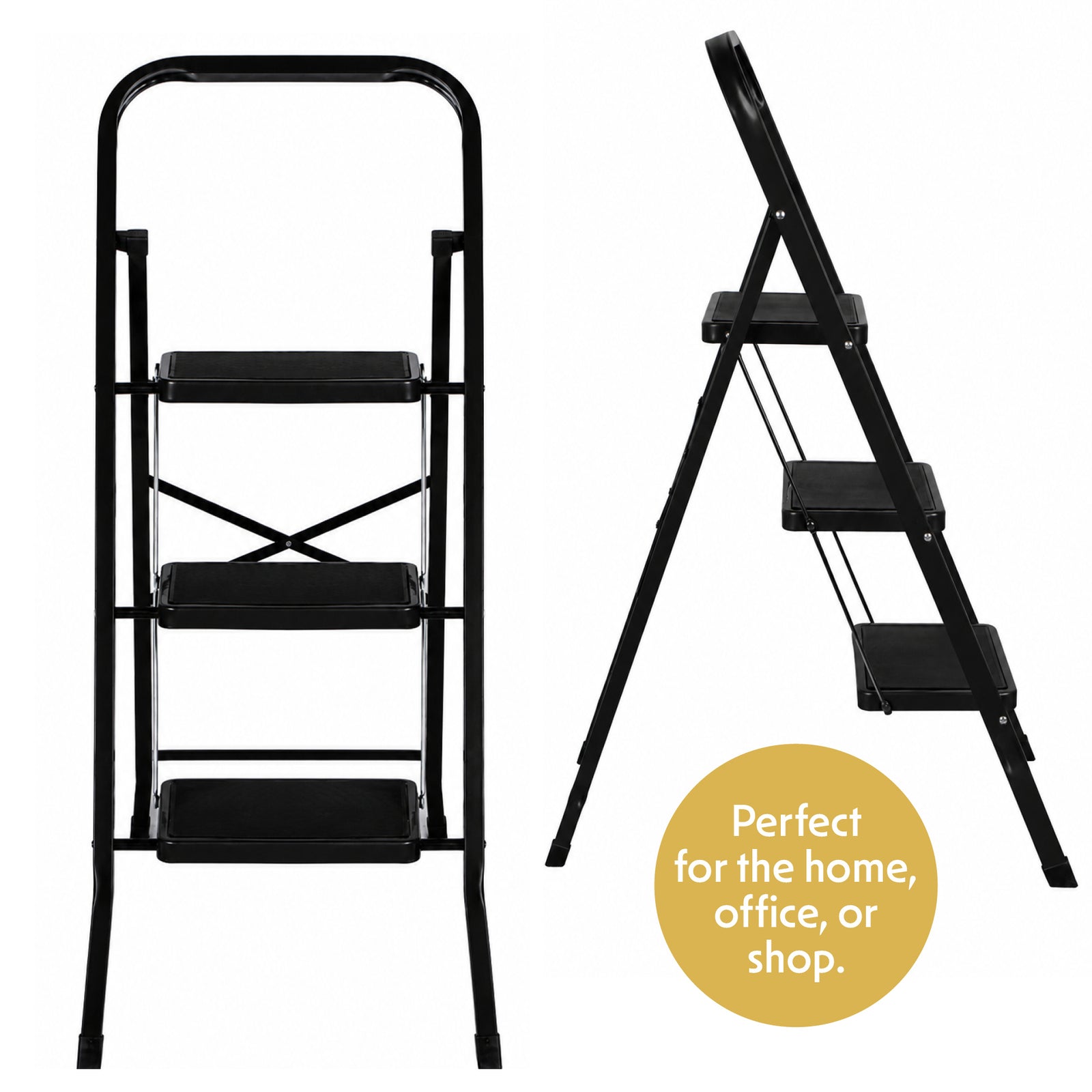 3 Step Ladder Black, Heavy-duty Steel Folding Home Diy Step Stool With Wide Non-slip Steps & Anti Slip Feet 150kg Capacity | 3 Step | Black