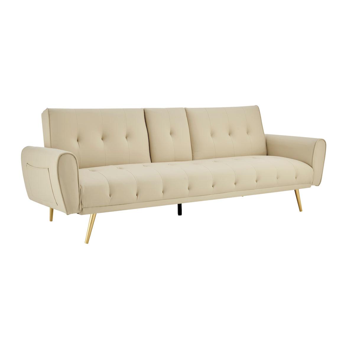 Faux Leather Sofa Bed With Cup Holders - 3 Seater | Cream
