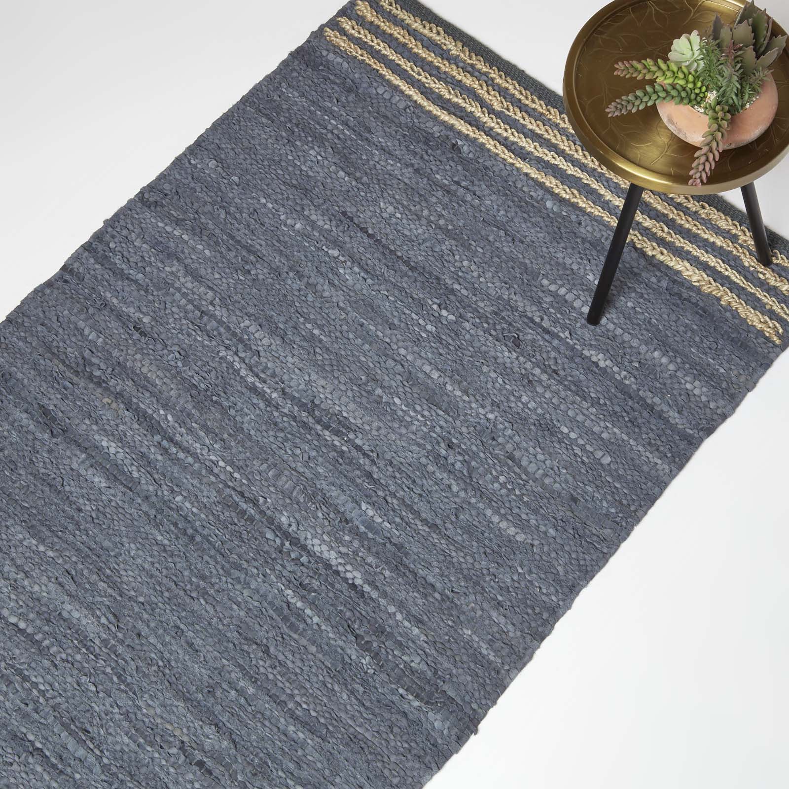 Recycled Leather Handwoven Stripe Rug | 150cm x 220cm | Grey