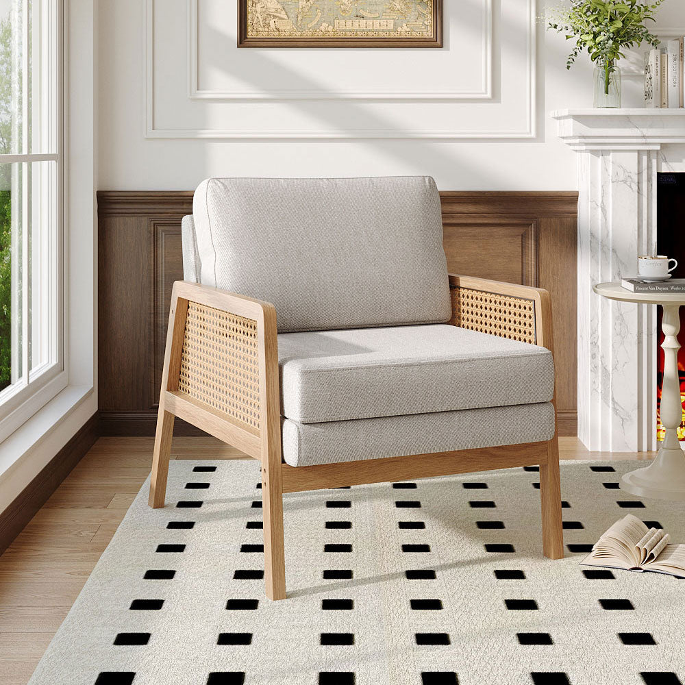 Well-crafted Modern Fabric Armchair With Wooden Frame And Caned Sides, Fluffy Backrest And Thick Cushions | Beige
