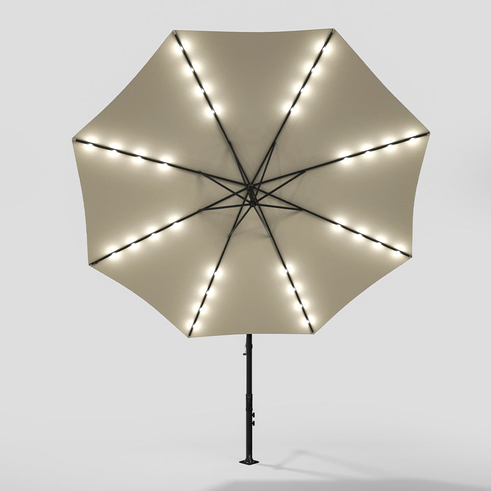 3 M Banana Patio Umbrella Cantilever Garden Parasol With Solar-powered 32 Led Lights, Crank For Opening Closing Without Base | One Size | Beige