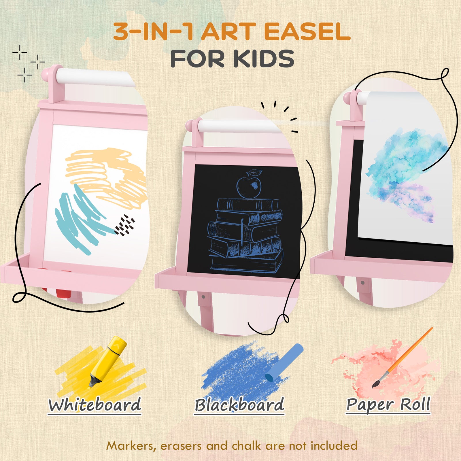 Double-sided Art Easel For Kids W/ Paper Roll, Storage Baskets | Pink