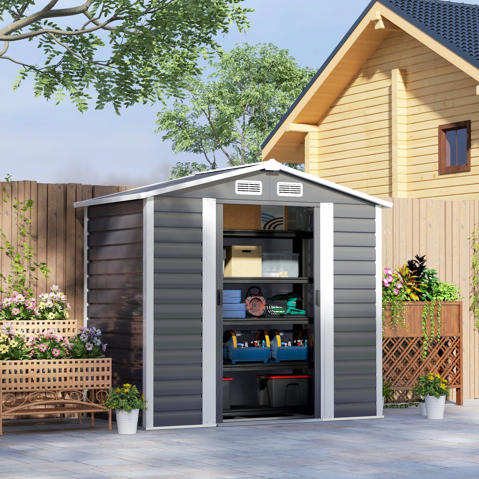 7 X 4ft Metal Garden Shed W/ Double Doors Gloves | Dark Gray