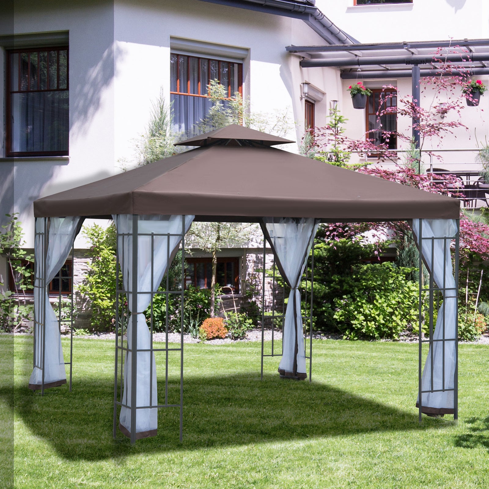 3 X 3(m) Patio Gazebo Canopy Garden Pavilion W/ 2 Tier Roof | Coffee