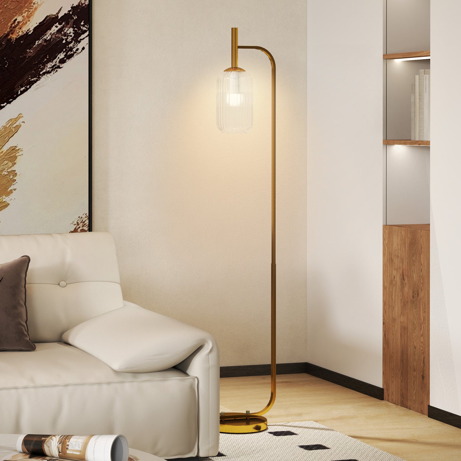 Modern Floor Lamp With Glass Lampshade, Foot Switch For Living Room | Gold