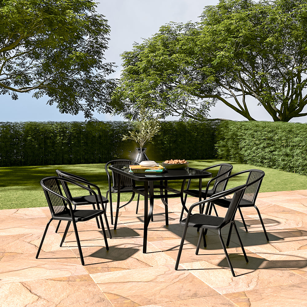 7 Pieces  Garden Dining Set Outdoor Tempered Glass Garden Table With Six Rattan Chairs | Medium | Black
