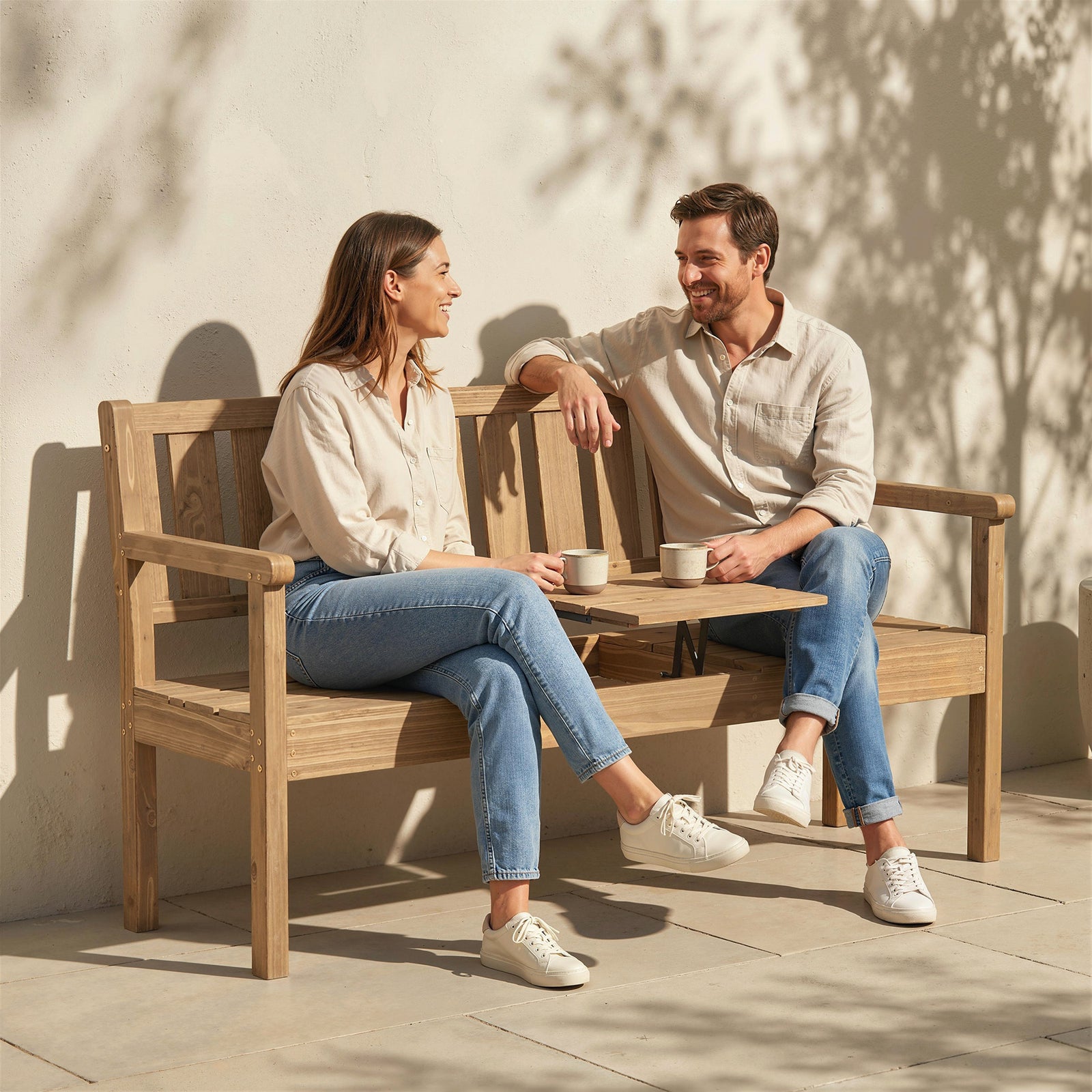 Wooden Garden Bench With Table And Hidden Shelf, Teak