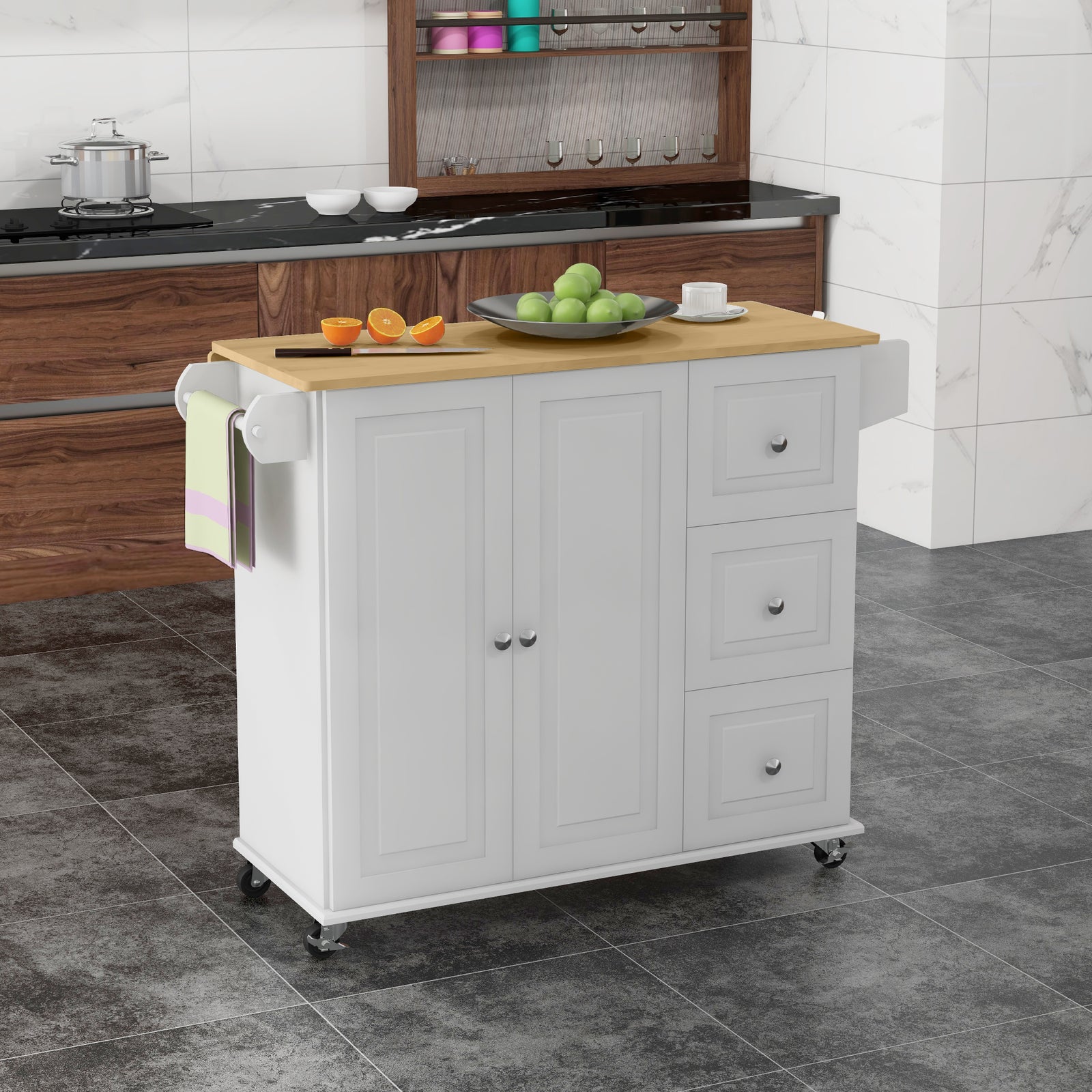 HOMCOM Kitchen Island On Wheels, Kitchen Cart With Drop Leaf, White