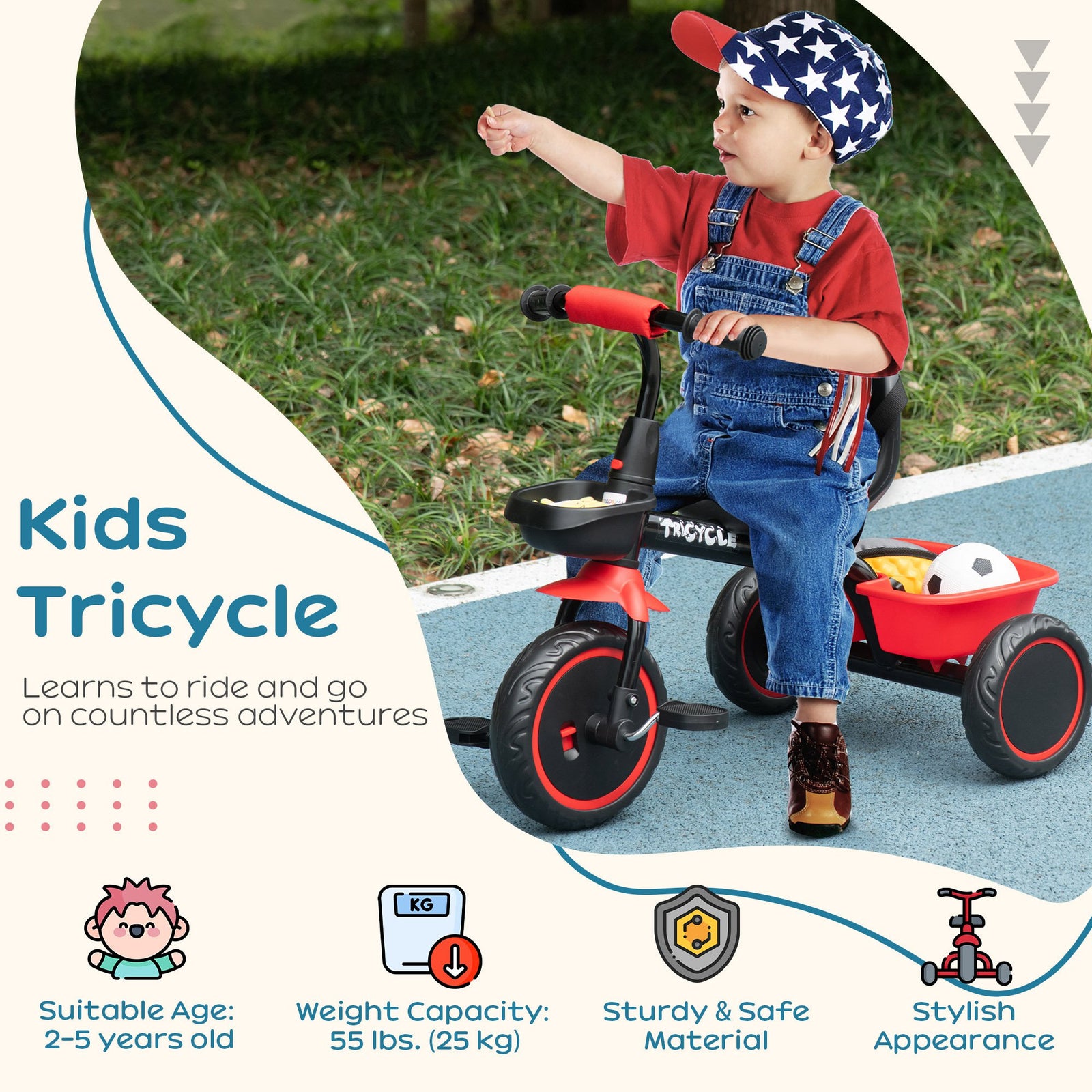 Kids Trike For 2 To 5 Years With Adjustable Seat, Baskets | Red