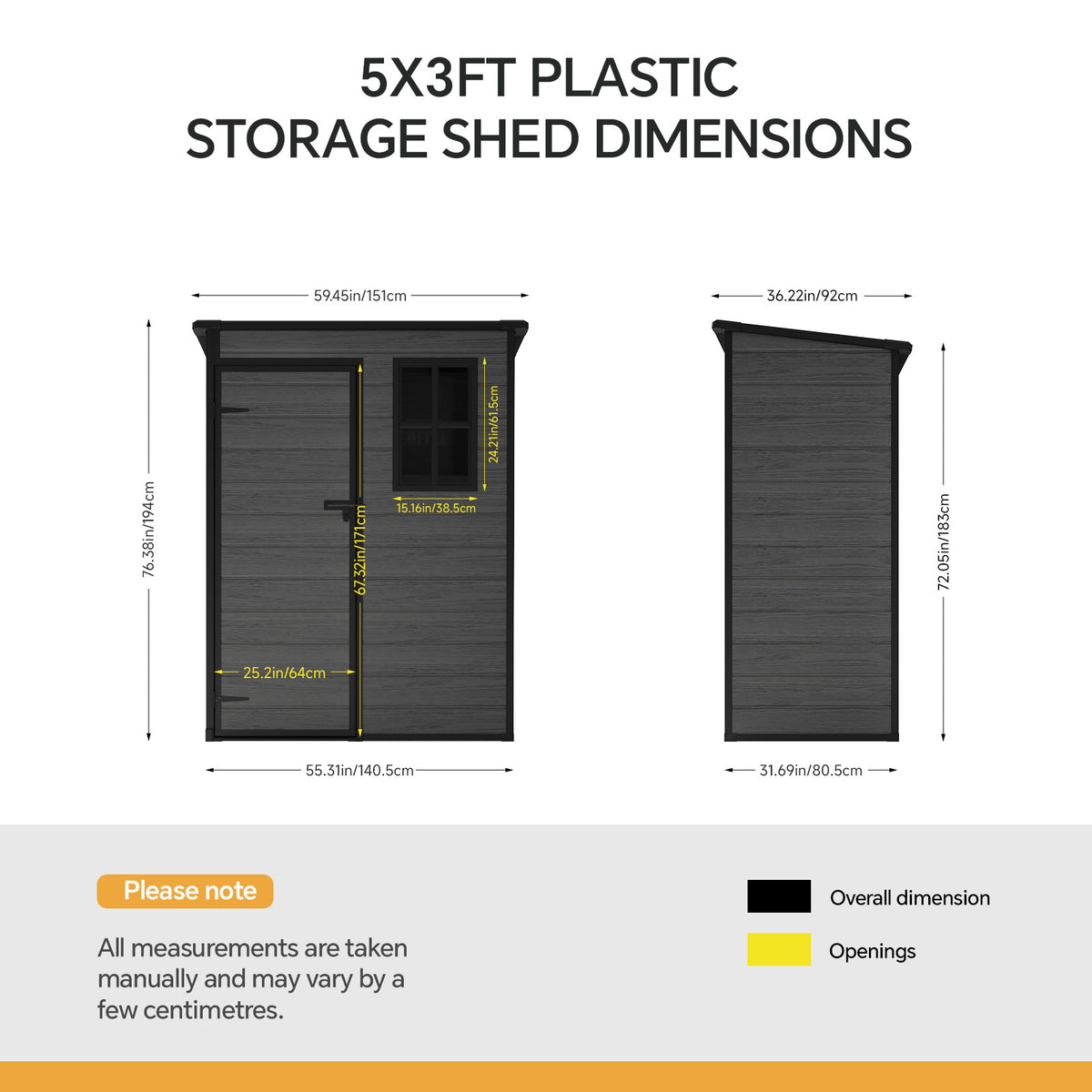 5x3ft Plastic Garden Storage Shed With Lockable Door, Front Window