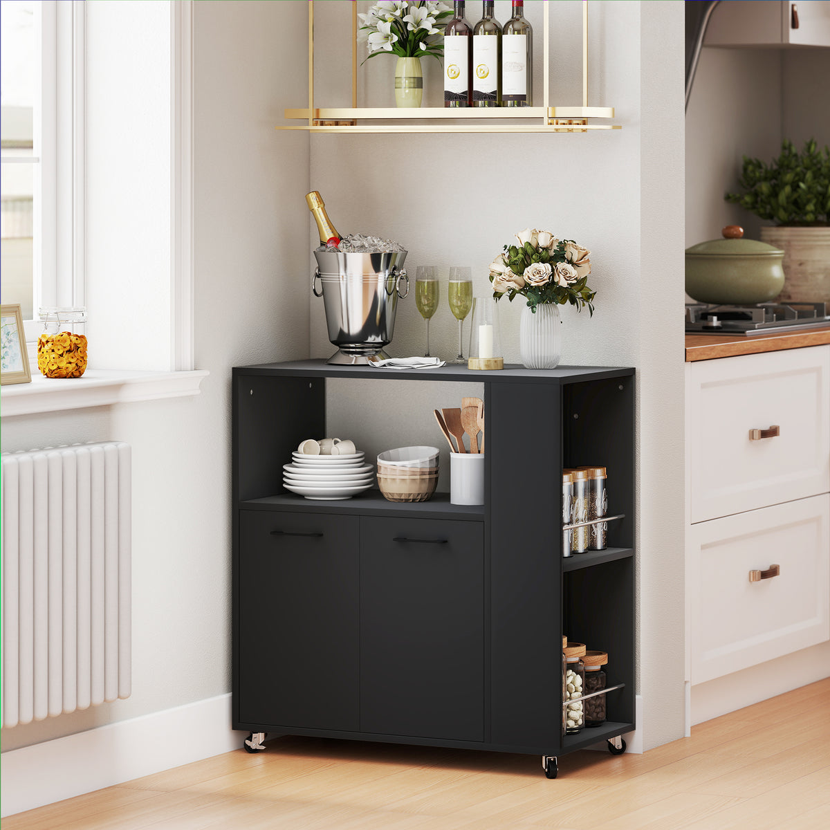 HOMCOM Kitchen Island On Wheels With 2-door Cabinet And Spice Rack, Black