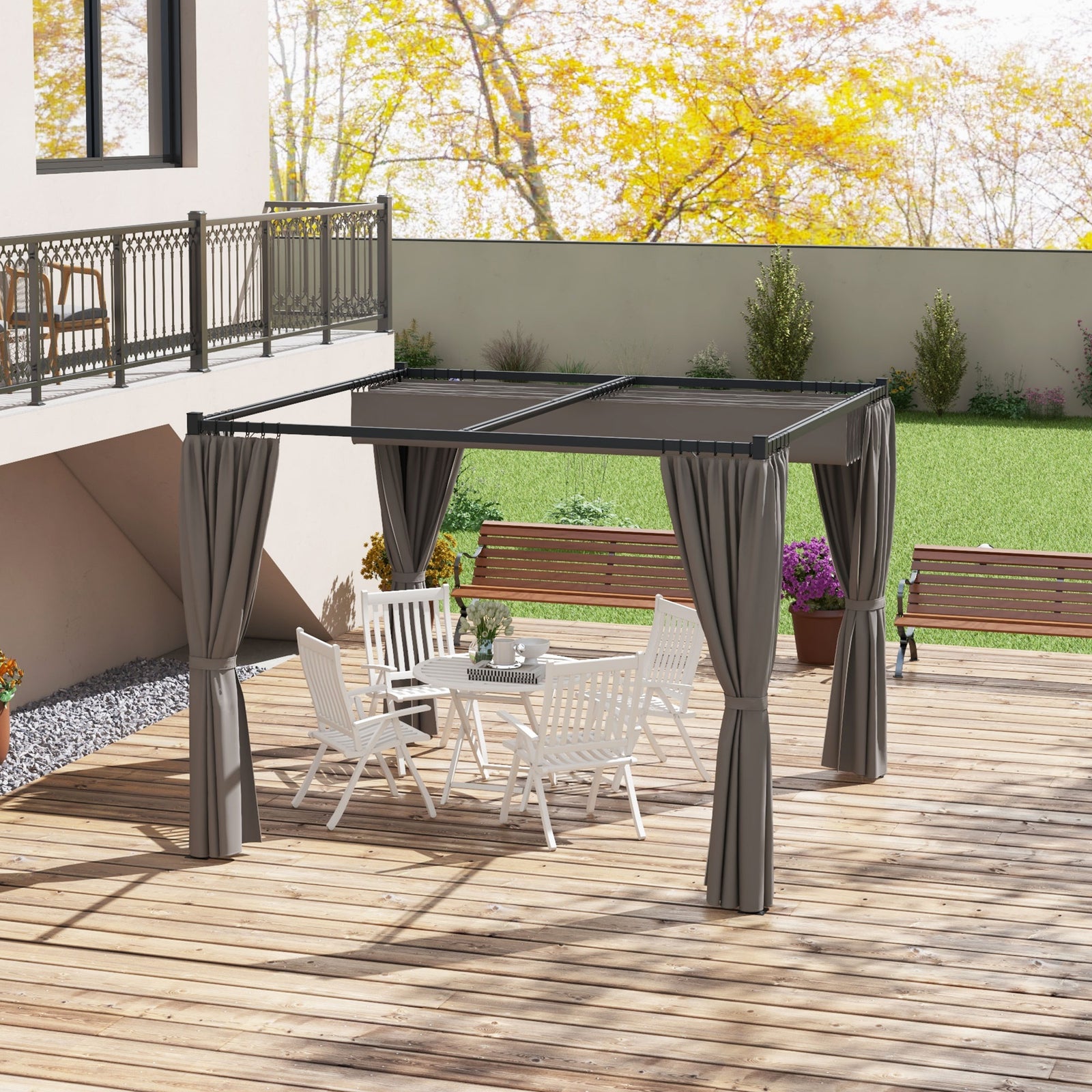 3 X 3(m) Pergola With Retractable Roof And Curtains | Light Slate Gray