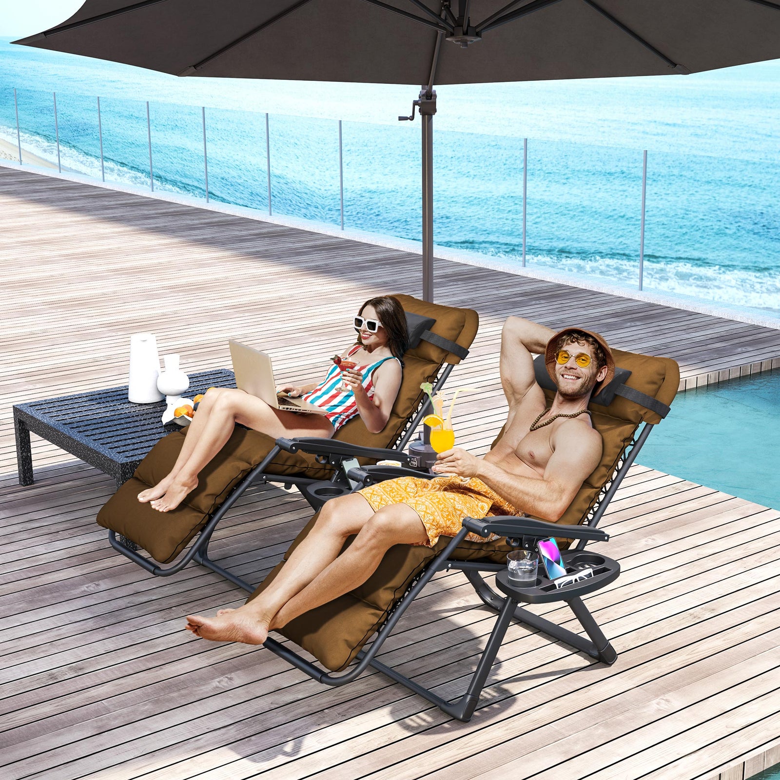 2 Pieces Zero Gravity Chairs, Reclining Folding Sun Lounger | Brown