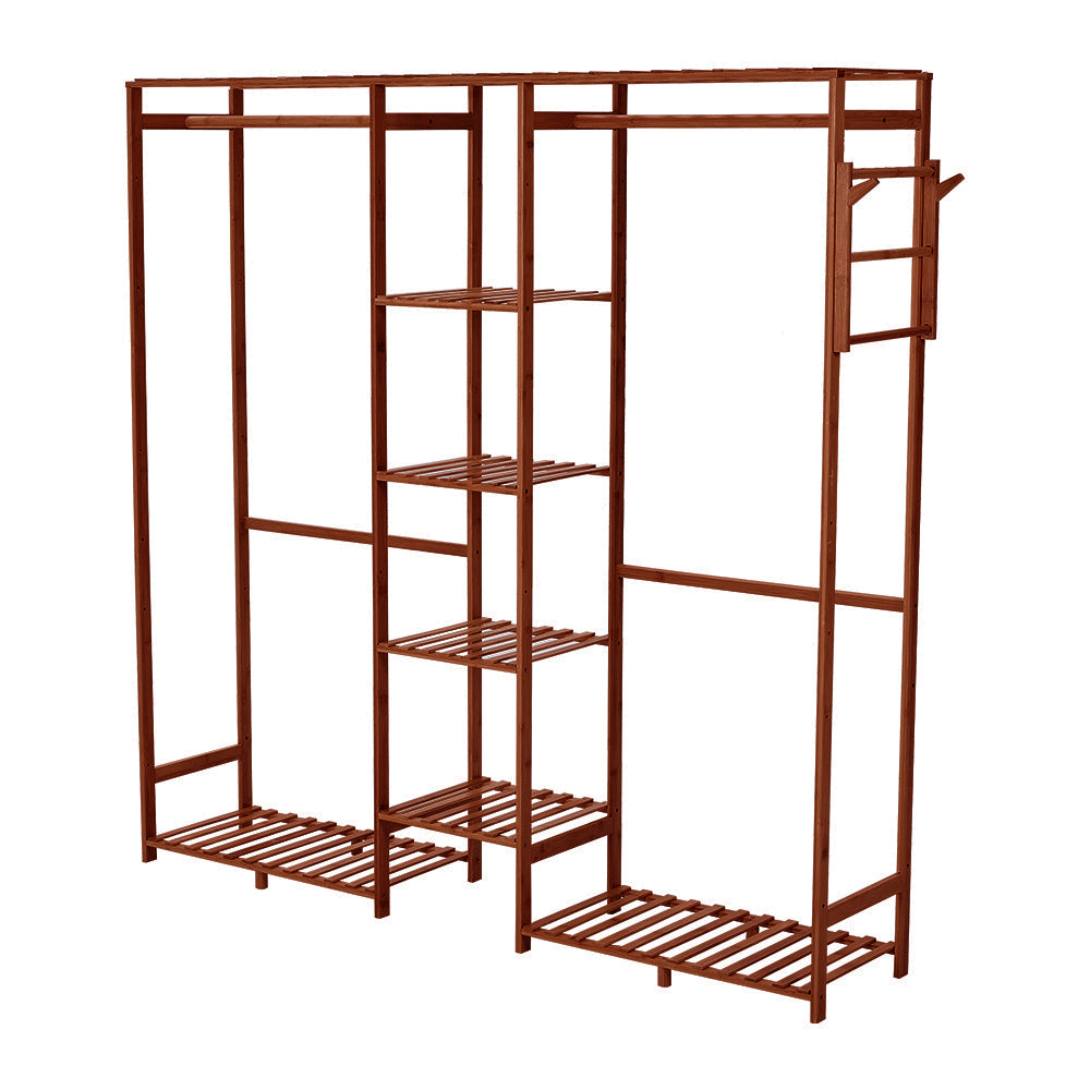 Wooden Garment Rack With Side Hooks Multi-functional Freestanding Clothes Organizer | Large | Brown