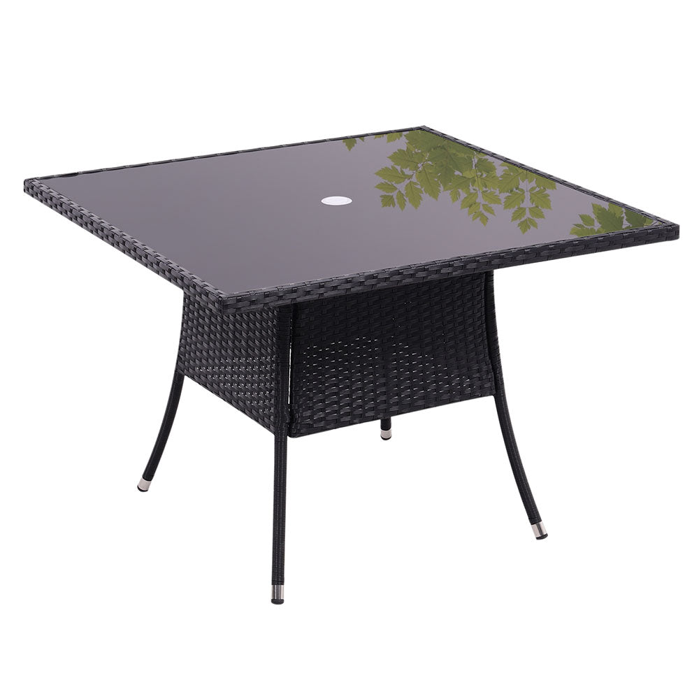 Square Garden Wicker Tempered Glass Table With Parasol Hole - 105cm X 72cm H | One Size | Black