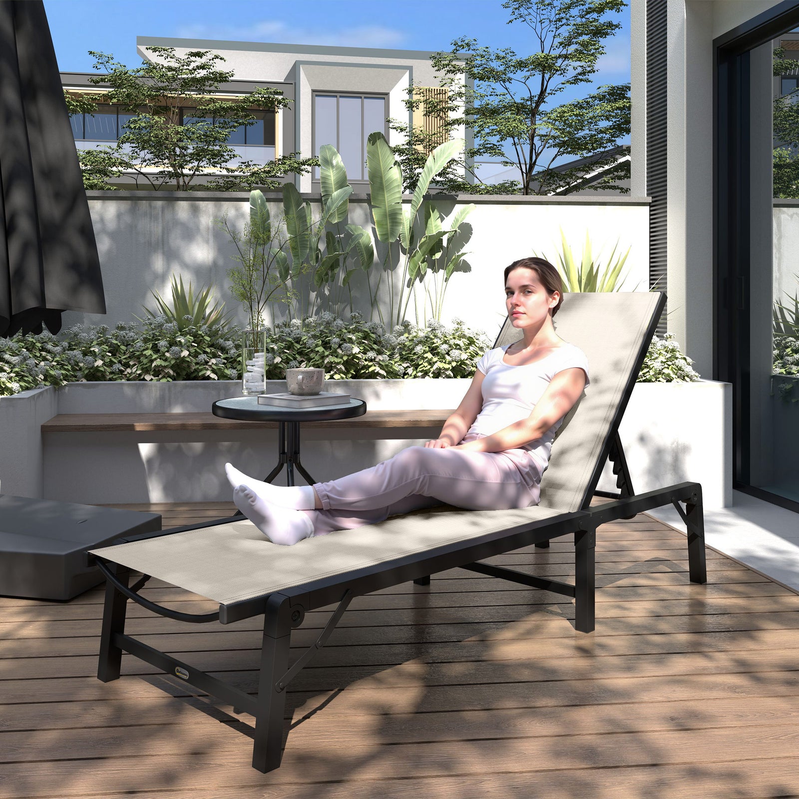 Folding Sun Lounger, 5-position Adjustable Sunbed | Khaki