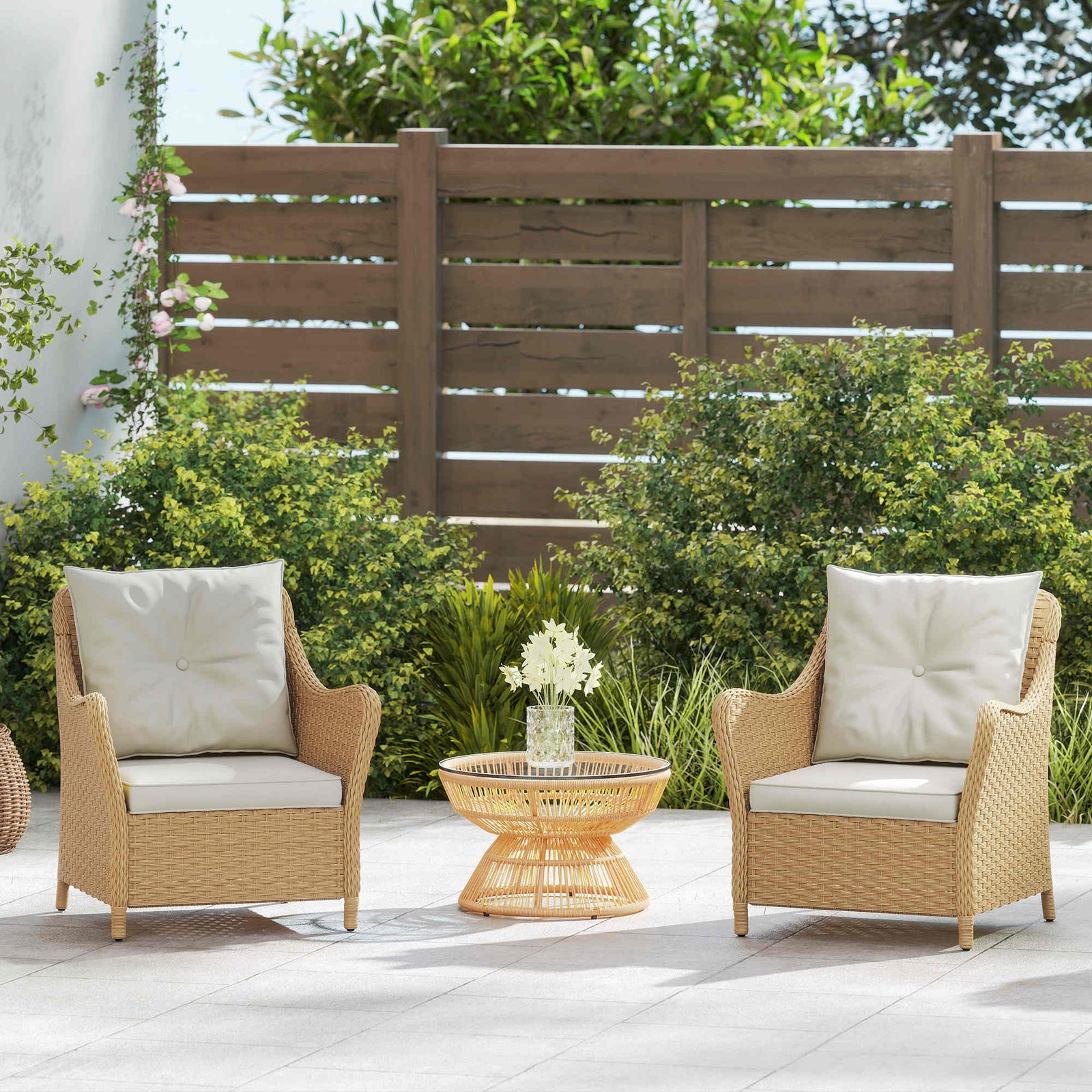 2 Pieces Rattan Garden Chairs, Cushioned Rattan Chairs | Beige