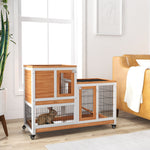 Wooden Indoor Rabbit Hutch Elevated Bunny Cage With Enclosed Run W/ Wheel | Yellow