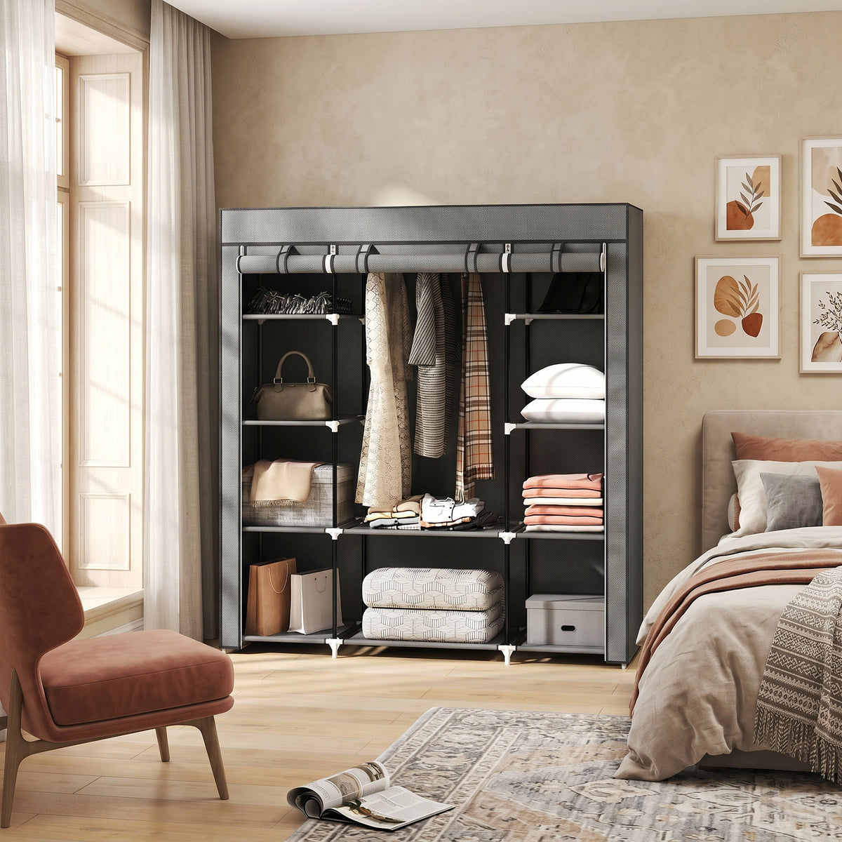 HOMCOM Fabric Wardrobe With 10 Shelves, Foldable Closet