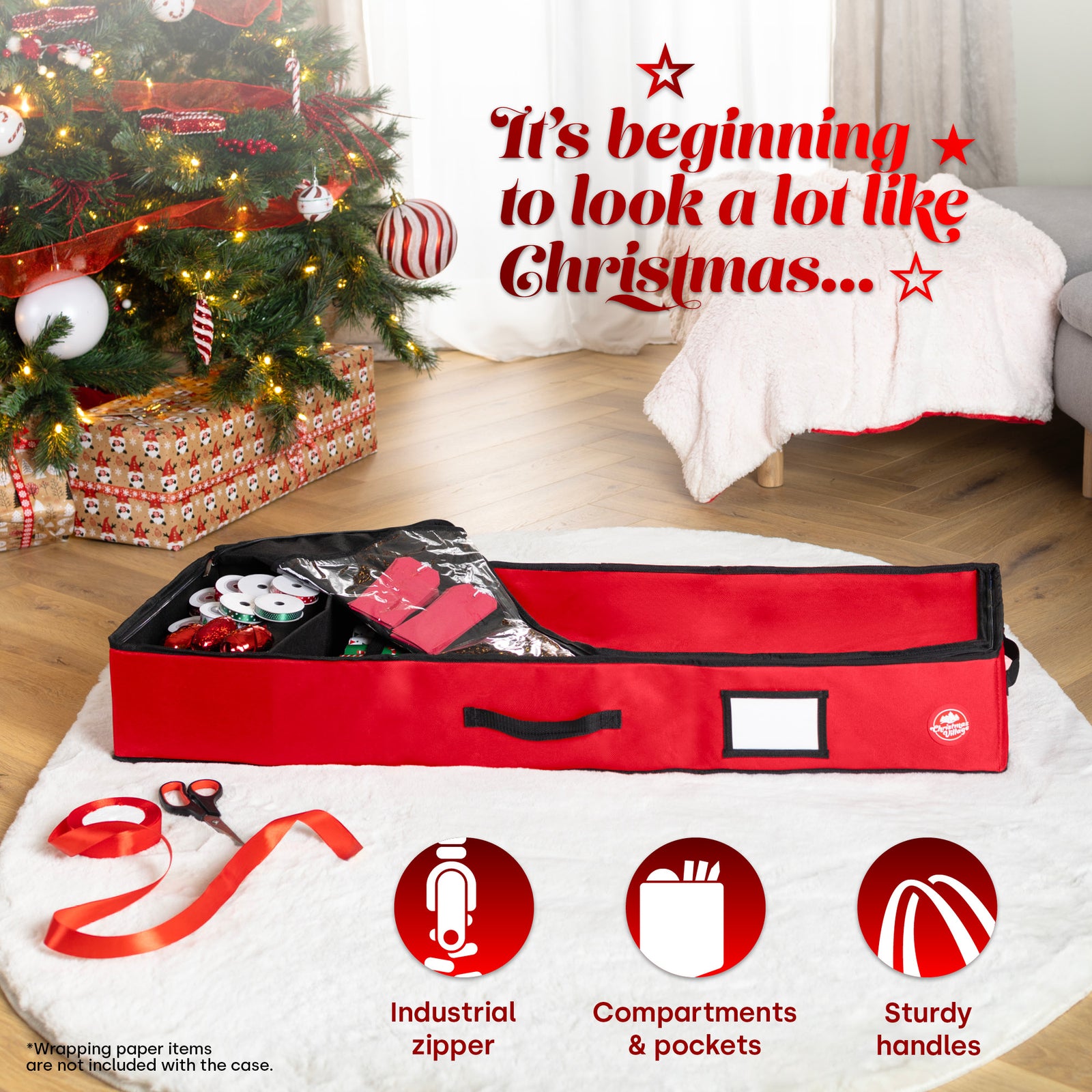 Fabric Wrapping Paper Storage Bag Red With Handles And Pockets