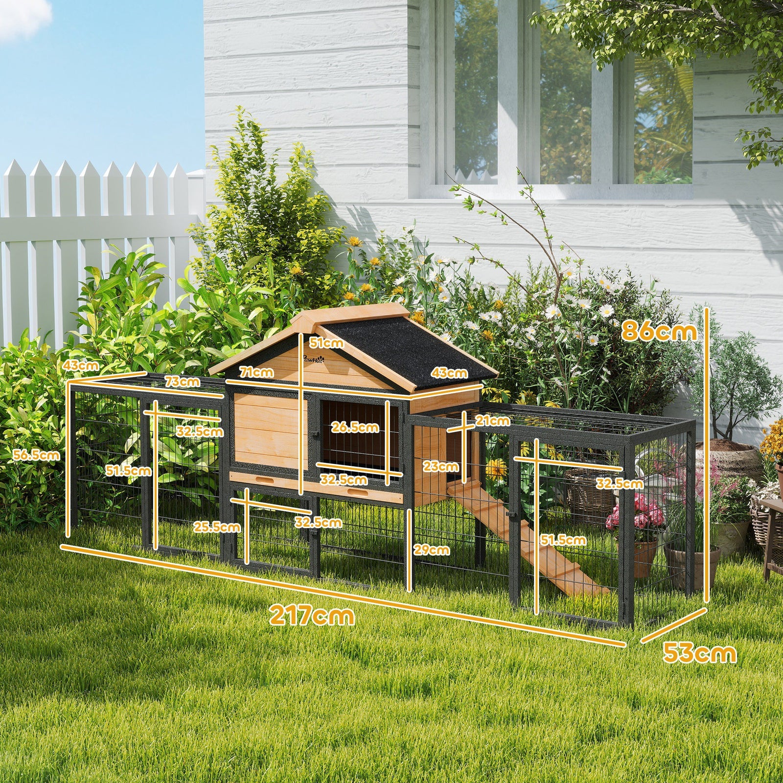 Wooden Rabbit Hutch Outdoor, Guinea Pig Hutch With Steel Run, Removable Tray