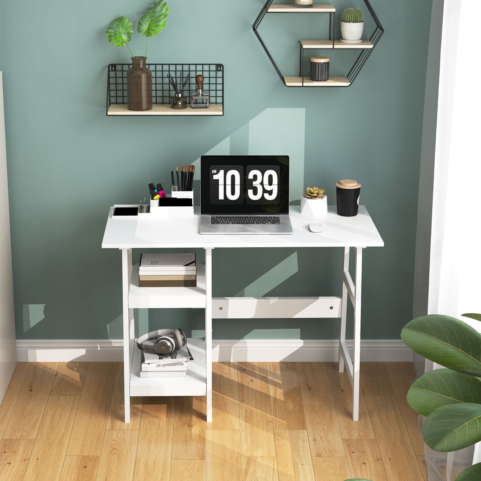 Compact Computer Desk With Storage Shelves For Home Office | White