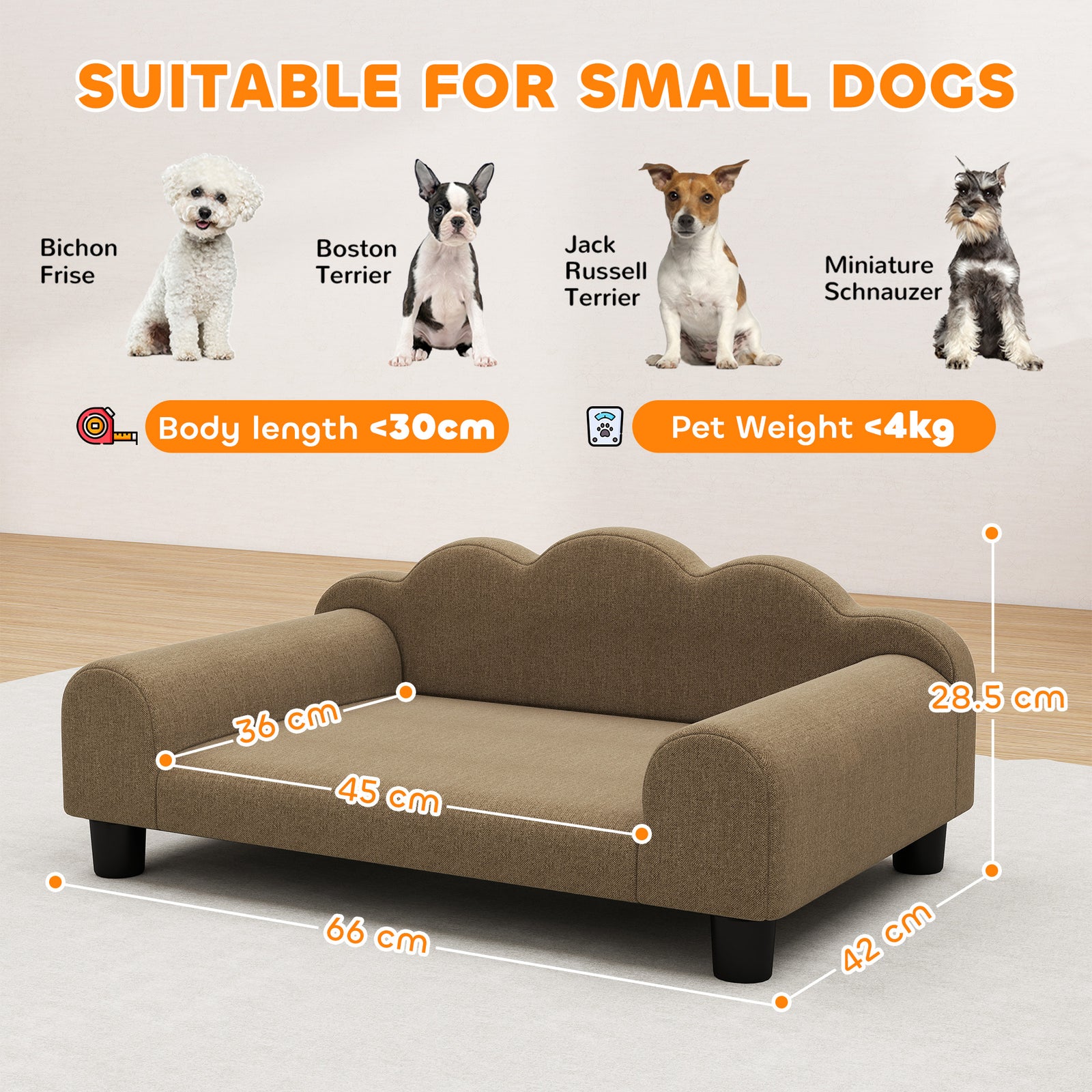 Dog Sofa Bed, Cat Sofa With Backrest, Armrest, For Small Dogs | Brown
