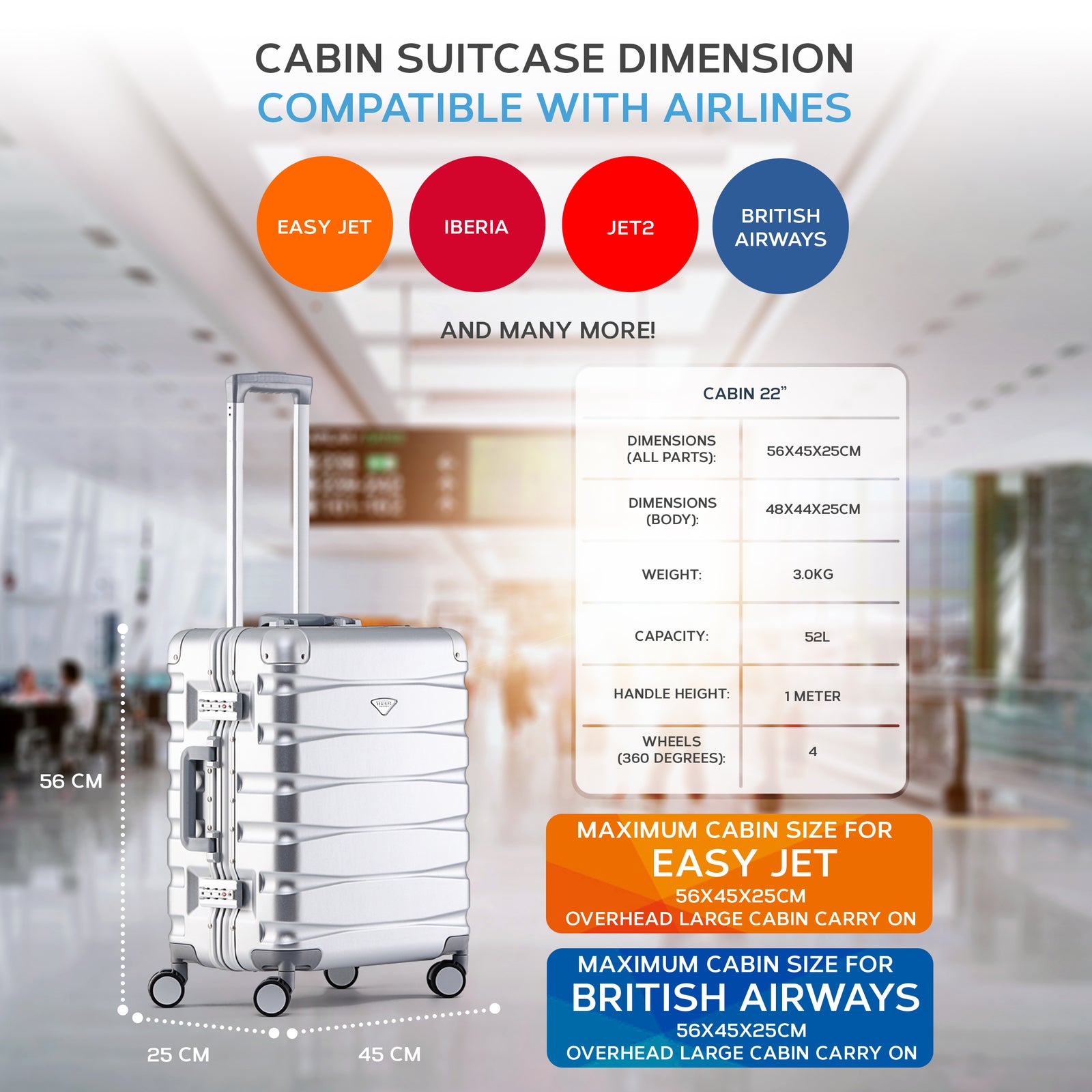 56x45x25cm Large Cabin Carry On Case - Overhead Luggage Suitcase - 4 Spinner Wheels - Aluminium Frame/abs Shell Outer | Cabin | Silver