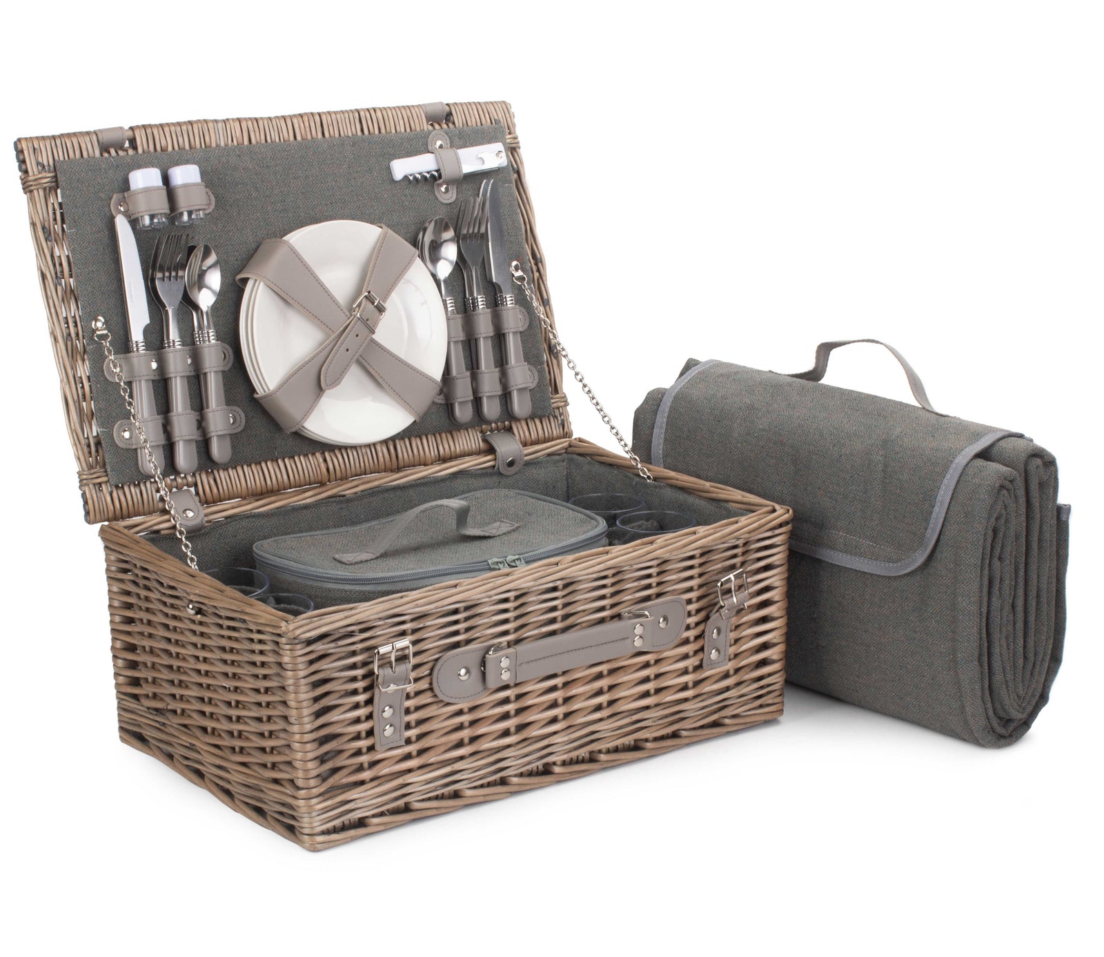 Grey Tweed Fitted Picnic Wicker Basket | 4-Person | Gray