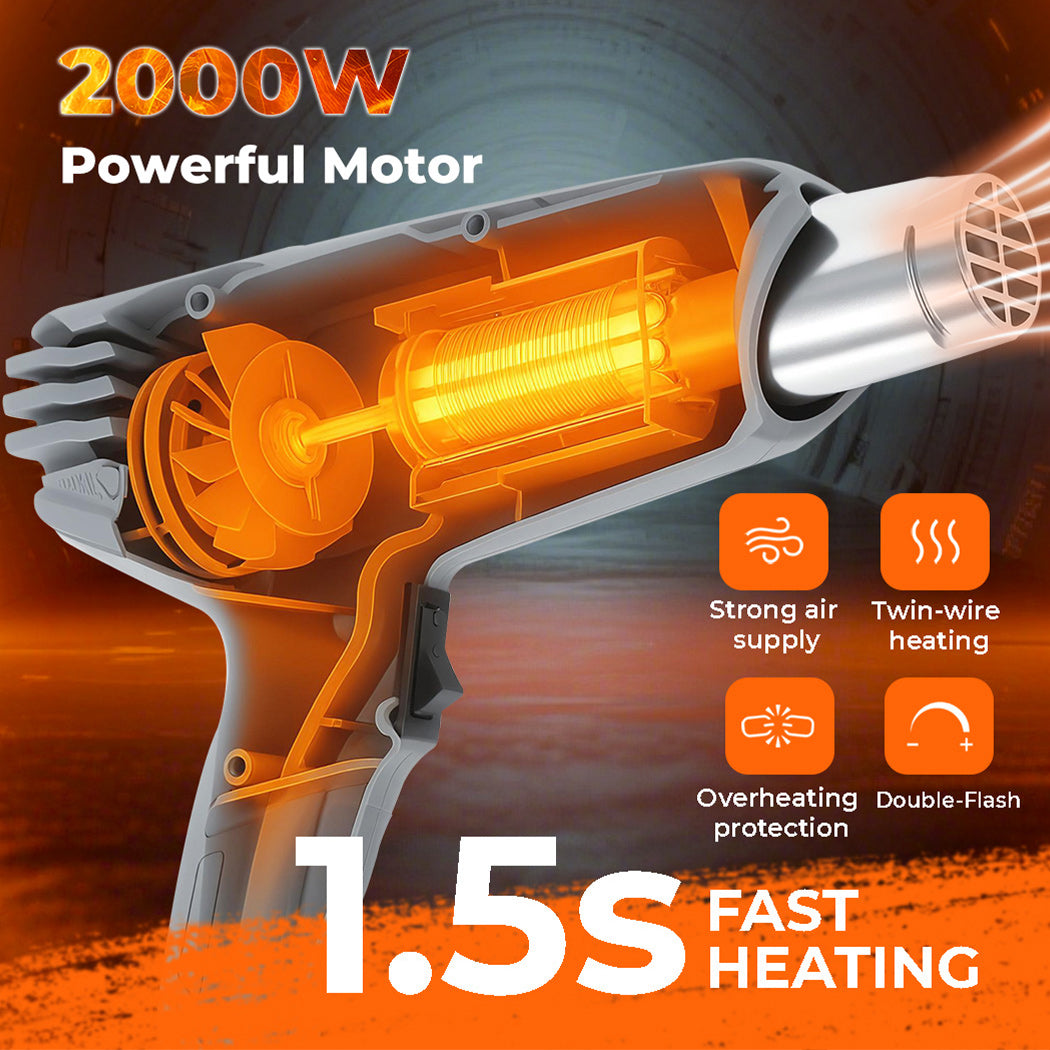 2000w Heat Gun Hot Air Blower 2 Temperature Paint Remover  4 Nozzles | Grey